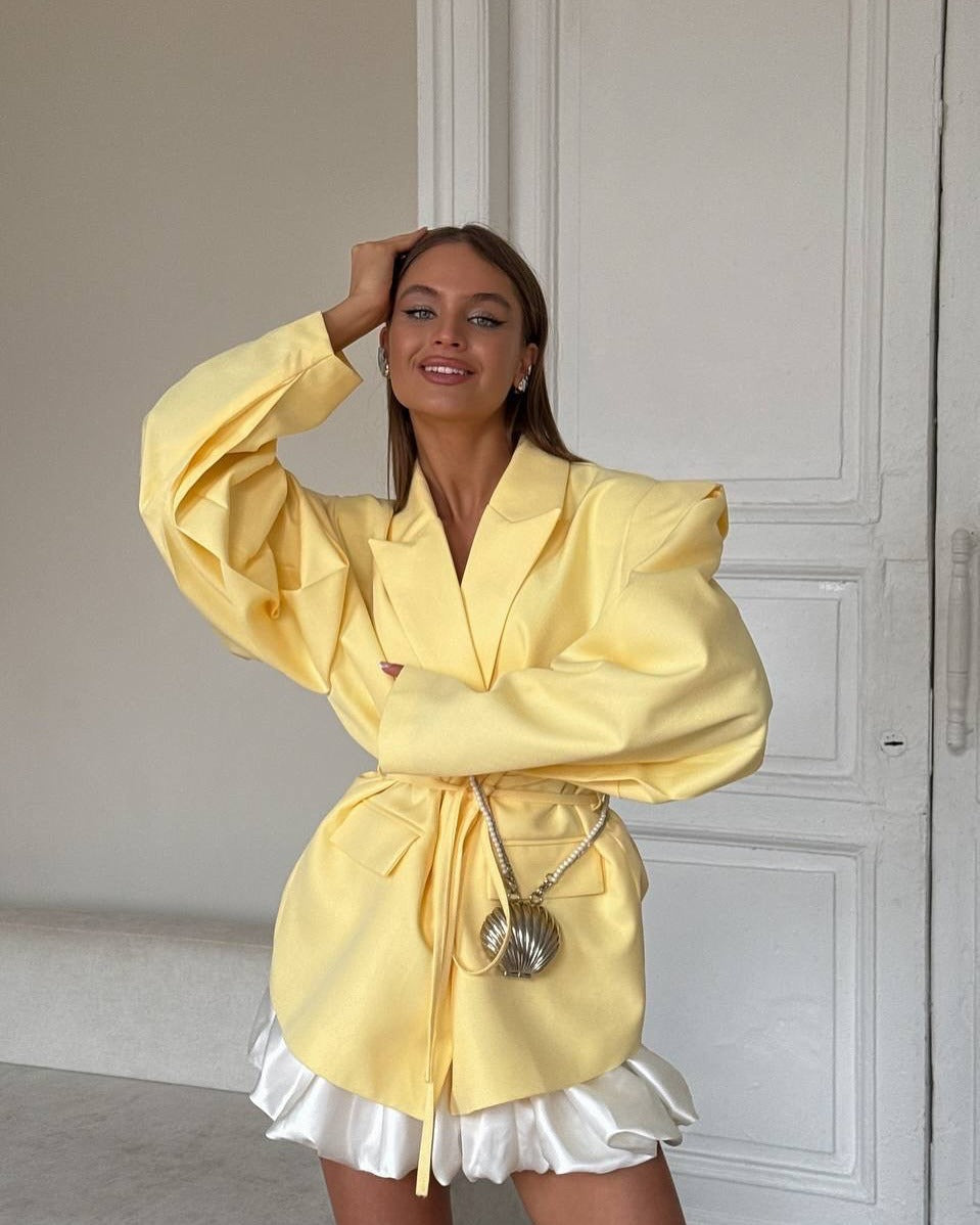 Women's Oversized Blazer Jacket with Waist Belt and Balloon Sleeves Mune Fashion
