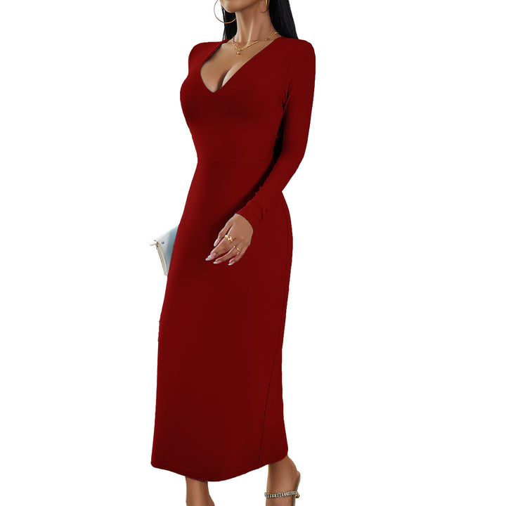 Ladies' elegantly tailored bodycon midi dress with deep V-neckline and waist-shaping seam Mune Fashion