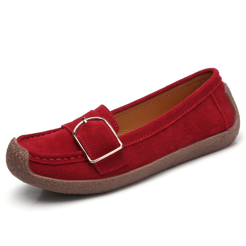 Women's moccasin slippers made of suede leather with decorative metal buckle, padded footbed, and non-slip rubber outsole Mune Fashion
