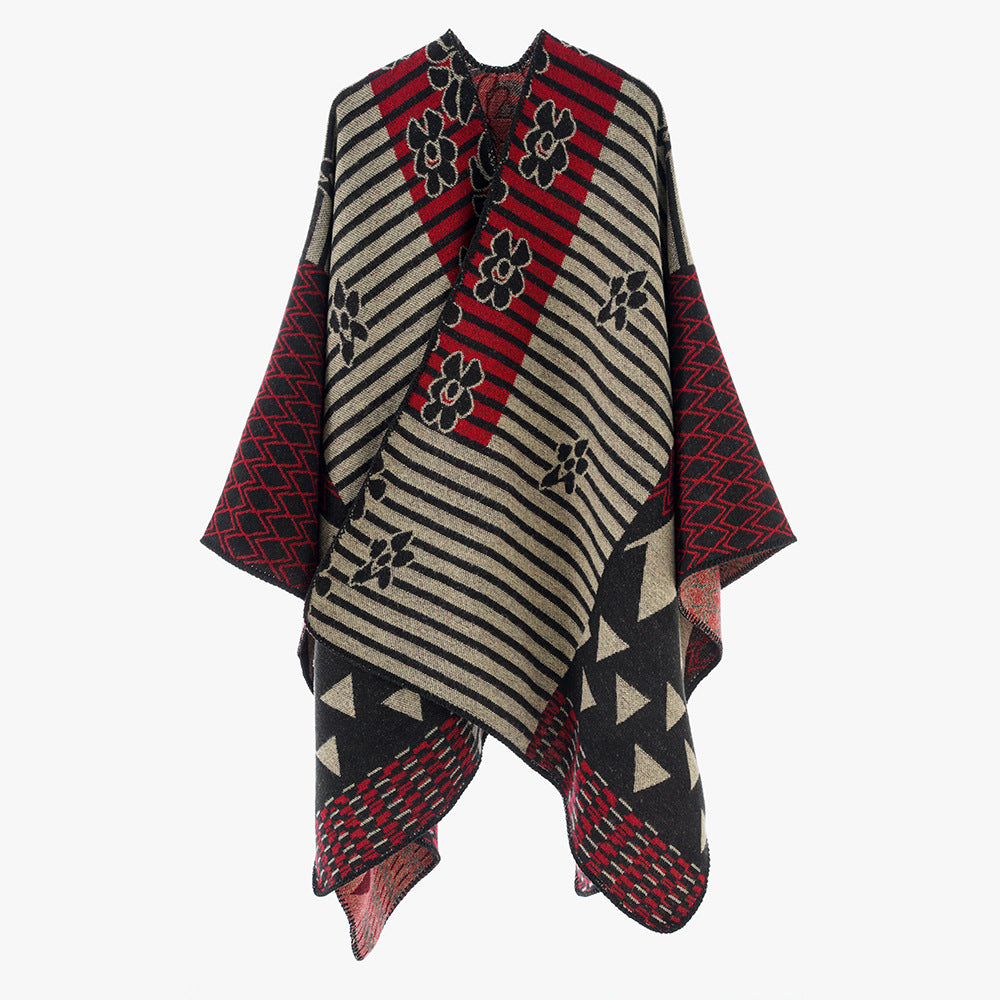 Women's Oversize Jacquard Ruana in Ethno Patchwork Design Mune Fashion