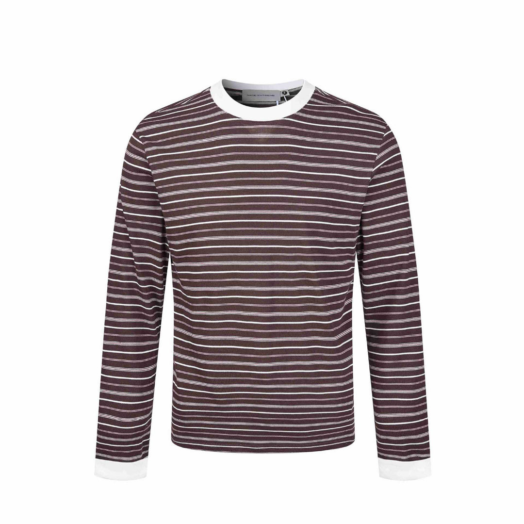 Men's Striped Long Sleeve Shirt Made of Cotton Blend with Ribbed Round Neck