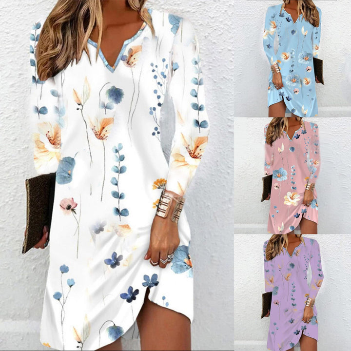 Women’s Floral V-Neck Midi Dress with Asymmetrical Hem and Long Sleeve Mune Fashion
