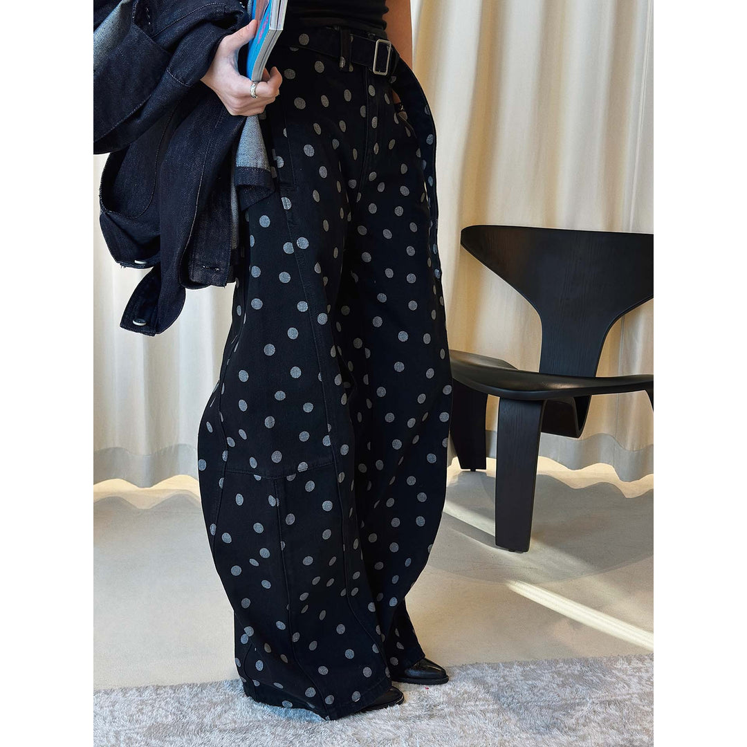 Women Wide High-Waisted Jeans Pants with Polka Dot Pattern and Wide Leg Mune Fashion