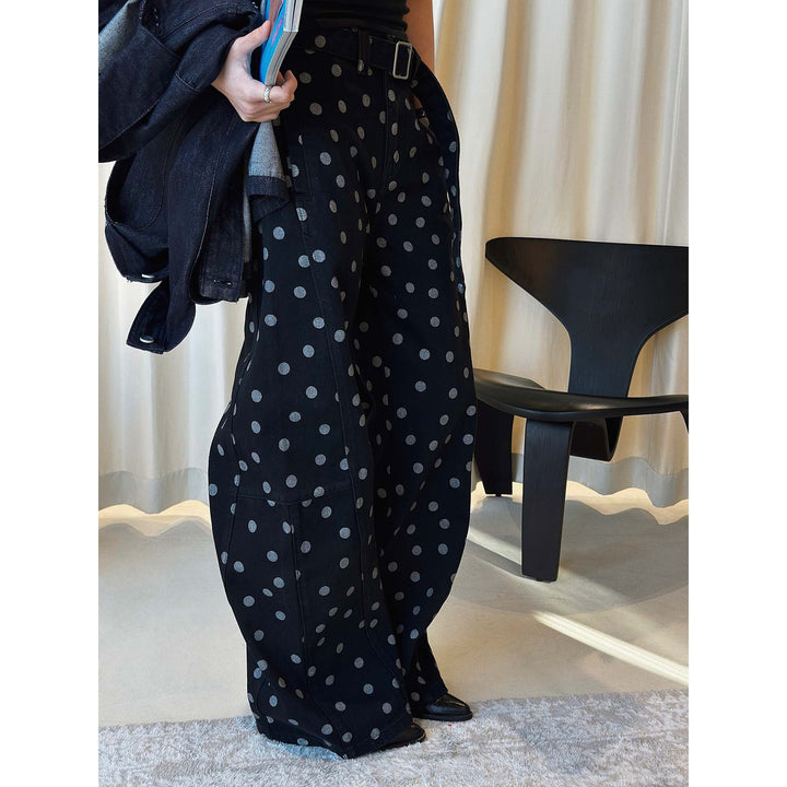 Women Wide High-Waisted Jeans Pants with Polka Dot Pattern and Wide Leg Mune Fashion