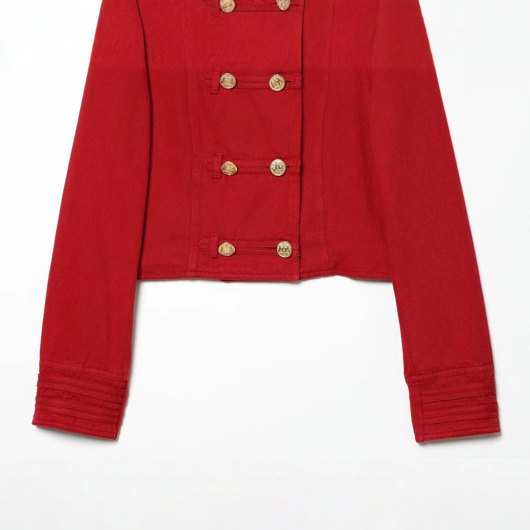 Women’s short military-inspired jacket with decorative ornate buttons Mune Fashion