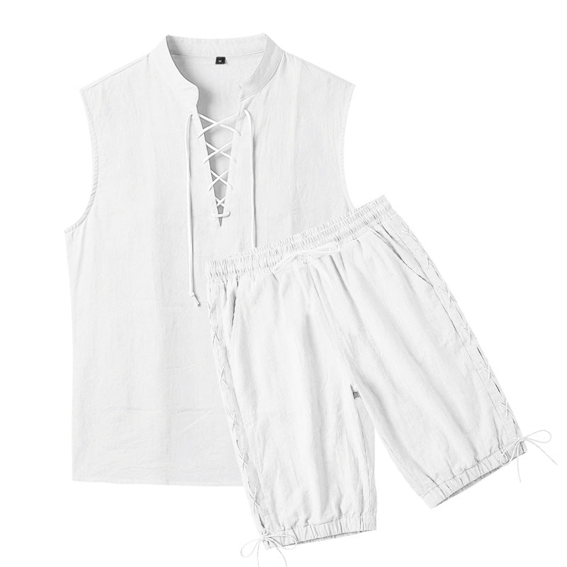 Men's sleeveless leisure set with lace collar and drawstring Bermuda Mune Fashion