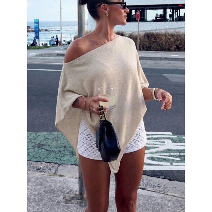 Women's Asymmetric Off-Shoulder Poncho Top made of lightweight knit Drune