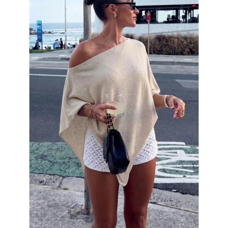 Women's Asymmetric Off-Shoulder Poncho Top made of lightweight knit Drune