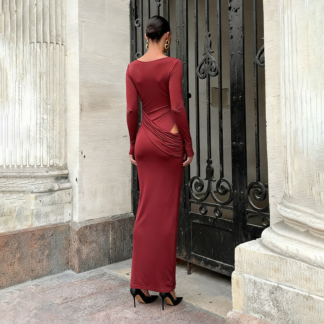 Women's Figure-Hugging Maxi Dress with Boat Neck, Side Gather and Stretch Jersey Mune Fashion