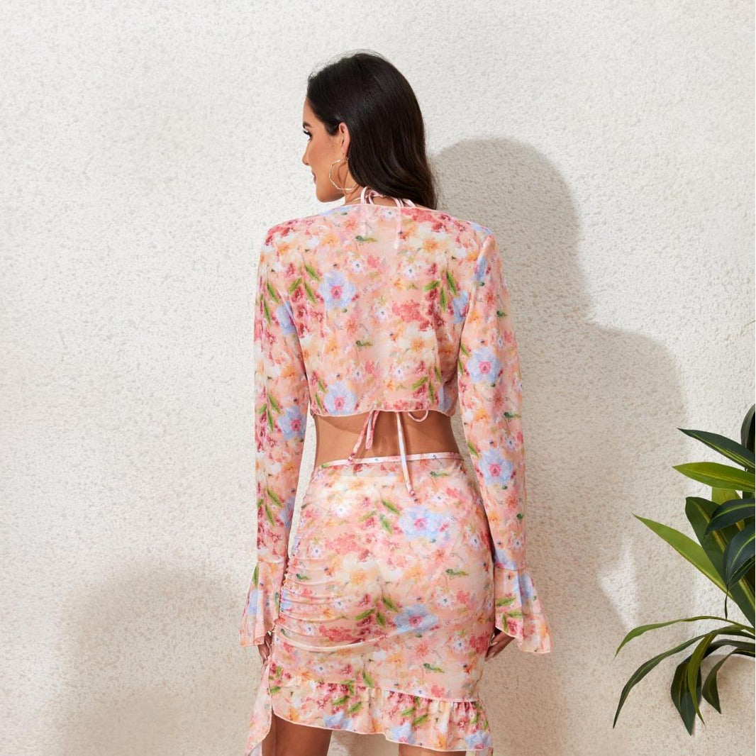 Women's bathing set with floral design, short top and wrap skirt Mune Fashion