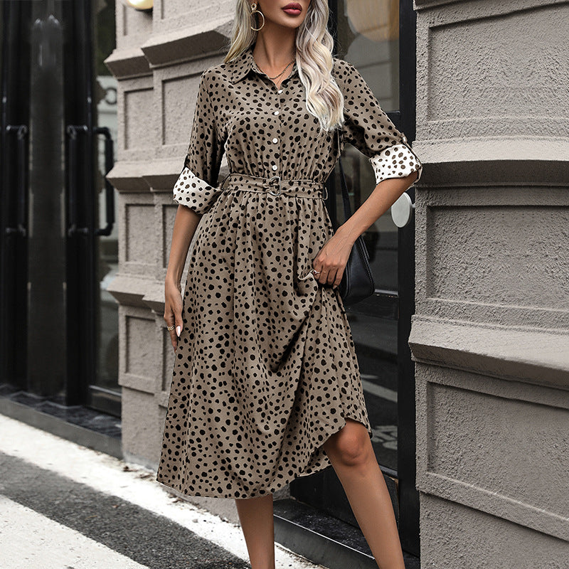 Women’s midi dress with shirt blouse design, tailored belt & playful polka dot pattern Mune Fashion
