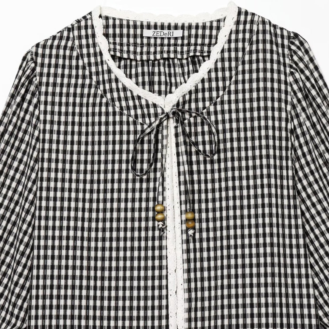 Women's Checked Blouse Jacket with Crochet Lace Trim, Tie Band and Puff Sleeves Mune Fashion