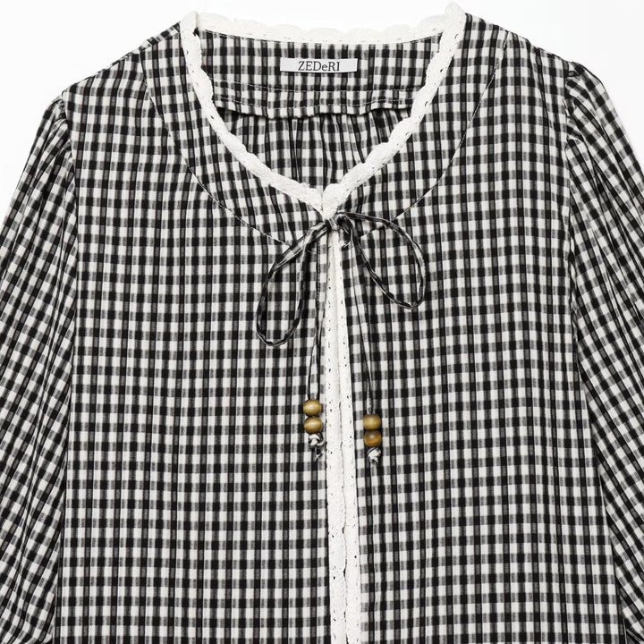 Women's Checked Blouse Jacket with Crochet Lace Trim, Tie Band and Puff Sleeves Mune Fashion