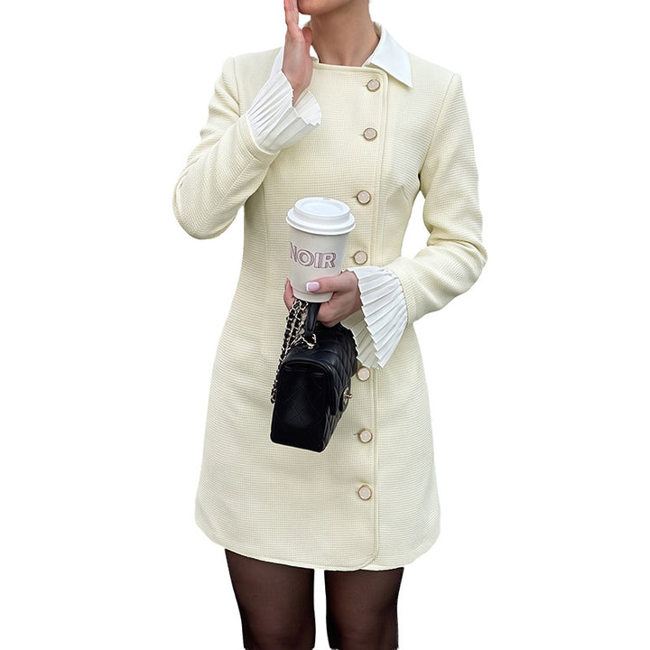 Women's Tailored Short Dress with Asymmetrical Button Placket, Shirt Collar, and Pleated Cuffs Mune Fashion