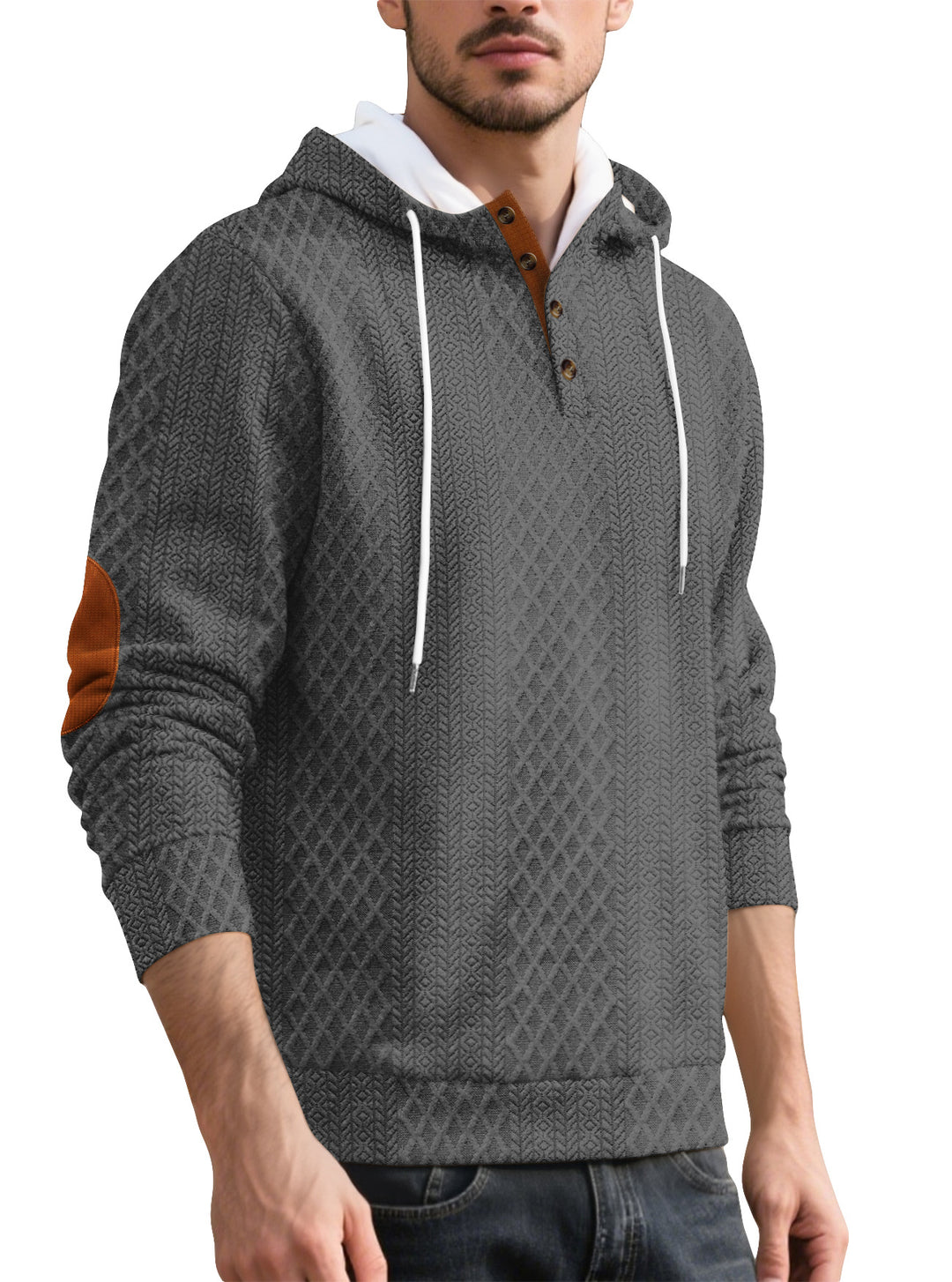 Men's nan diamond structure hoodie with short button placket, quilted hood inner edge, and suede elbow patch Mune Fashion