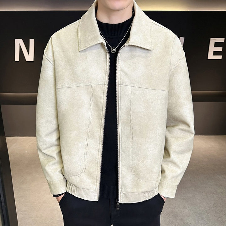 Men's Oversized Velour-Look Transitional Blouson with Shirt Collar, Zipper & Elastic Hem