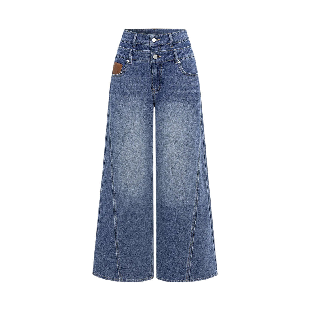 Women high-waisted double waistband jeans culotte with wide cropped leg and visible seam panels Mune Fashion