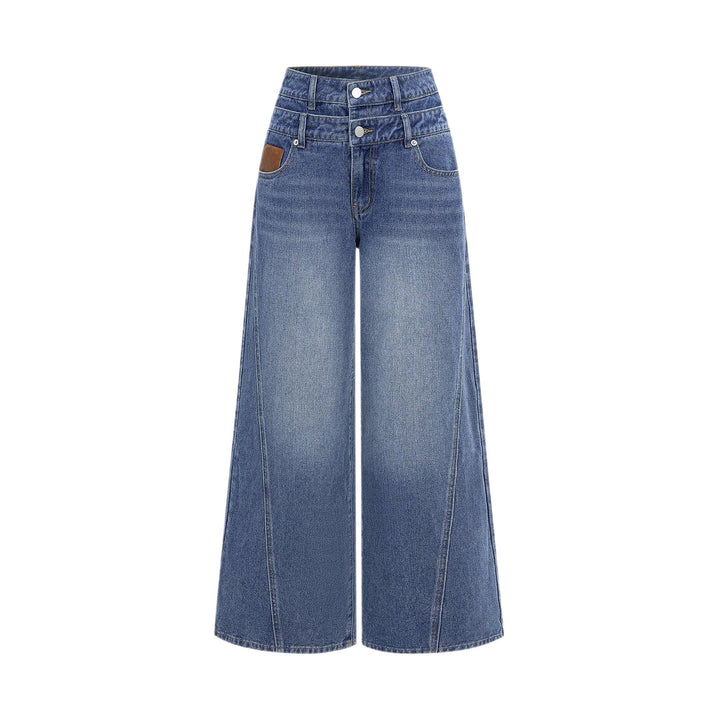 Women high-waisted double waistband jeans culotte with wide cropped leg and visible seam panels Mune Fashion