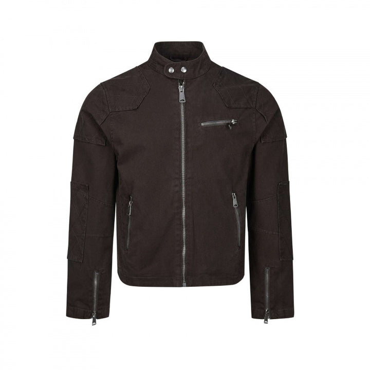 Men's short cut biker-inspired cotton jacket with stand-up collar, quilted inserts, and zippered pockets Mune Fashion