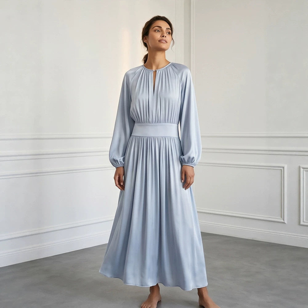 Women's Flowing Midi Dress with Wide Waistband, Gathered Top and Balloon Sleeves Mune Fashion