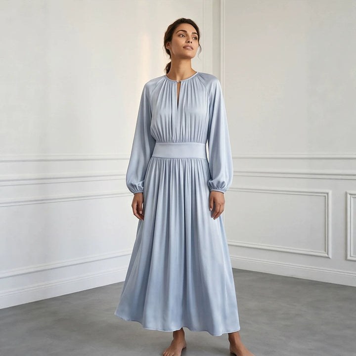 Women's Flowing Midi Dress with Wide Waistband, Gathered Top and Balloon Sleeves Mune Fashion