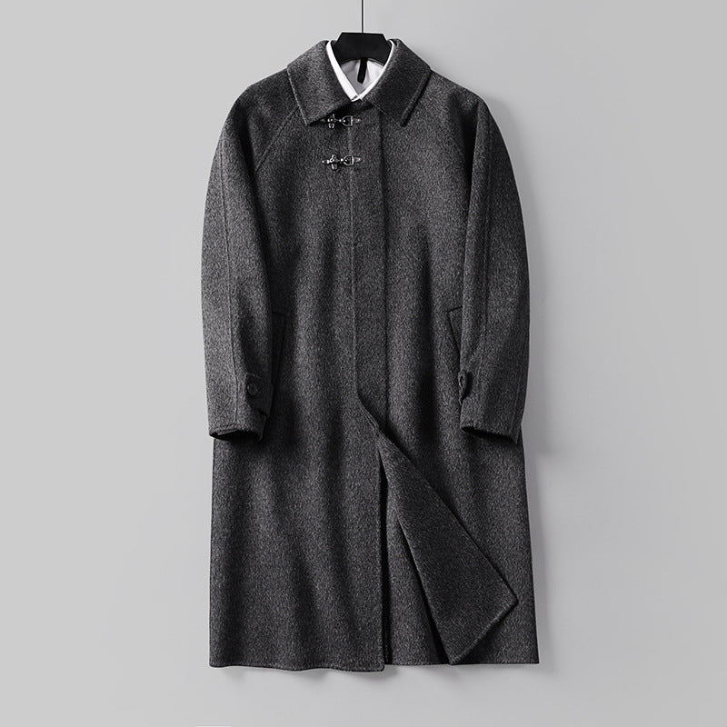 Men's Straight Wool Blend Long Coat with Concealed Front and Decorative Toggle Closures Mune Fashion