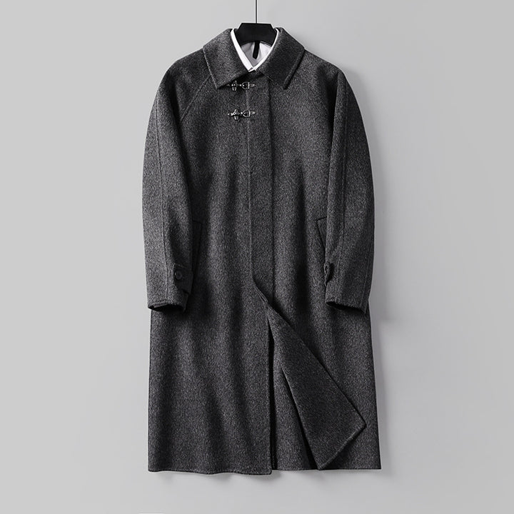 Men's Straight Wool Blend Long Coat with Concealed Front and Decorative Toggle Closures Mune Fashion