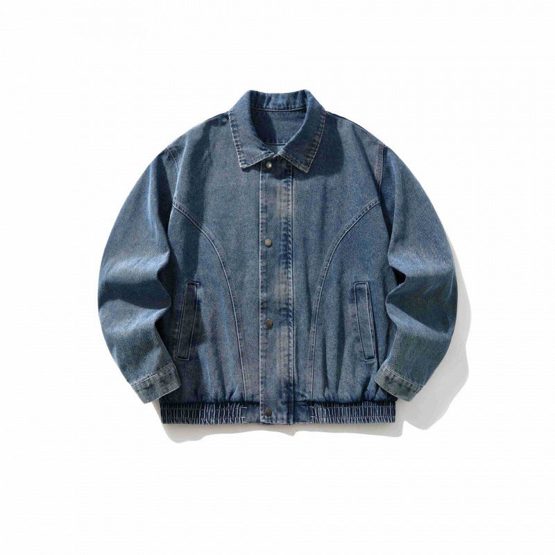 Men's Oversized Denim Jacket with Elastic Hem and Concealed Snap Button Placket Mune Fashion