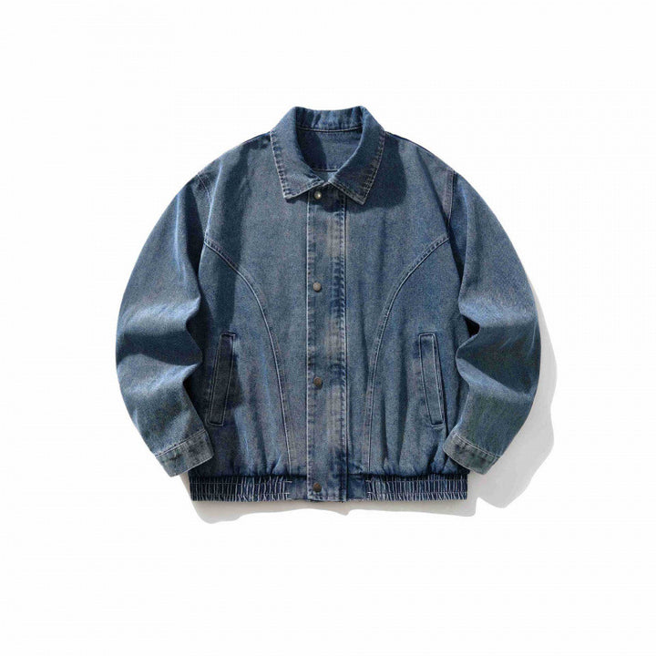 Men's Oversized Denim Jacket with Elastic Hem and Concealed Snap Button Placket Mune Fashion
