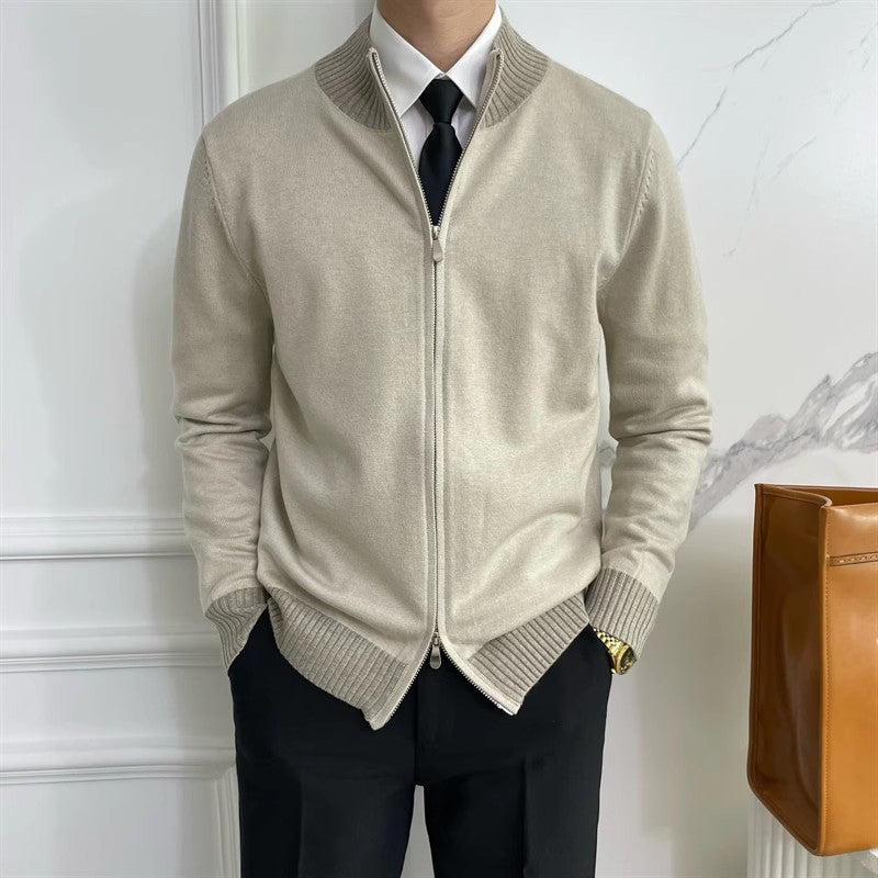 Men's zip fine knit cardigan with standing collar and ribbed hem Mune Fashion