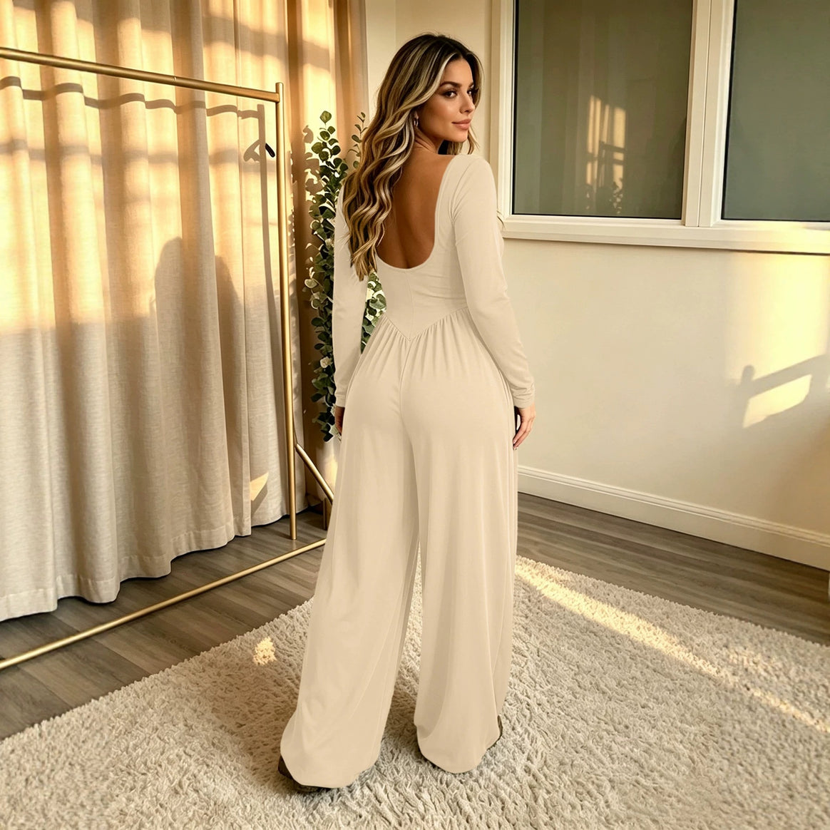 Ladies Long Jumpsuit with Wide Leg, Deep Round Neck and Side Pockets Mune Fashion