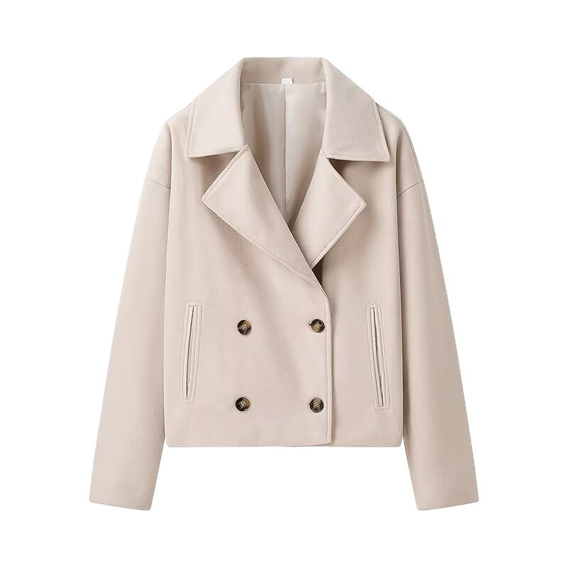 Women's Short Boxy Wool Blend Peacoat with Double-Breasted Button Placket and Patch Pockets Mune Fashion