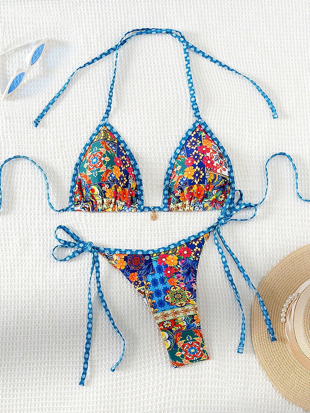 Women's triangle bikini with colorful floral pattern mix and adjustable straps Mune Fashion