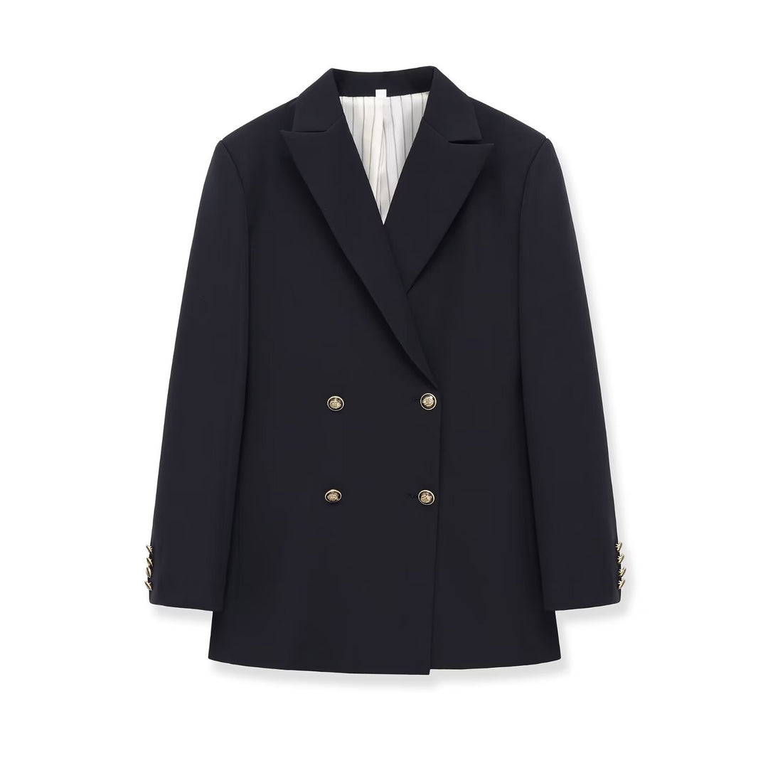 Ladies double-breasted long blazer with distinctive gold buttons and structured shoulder Mune Fashion
