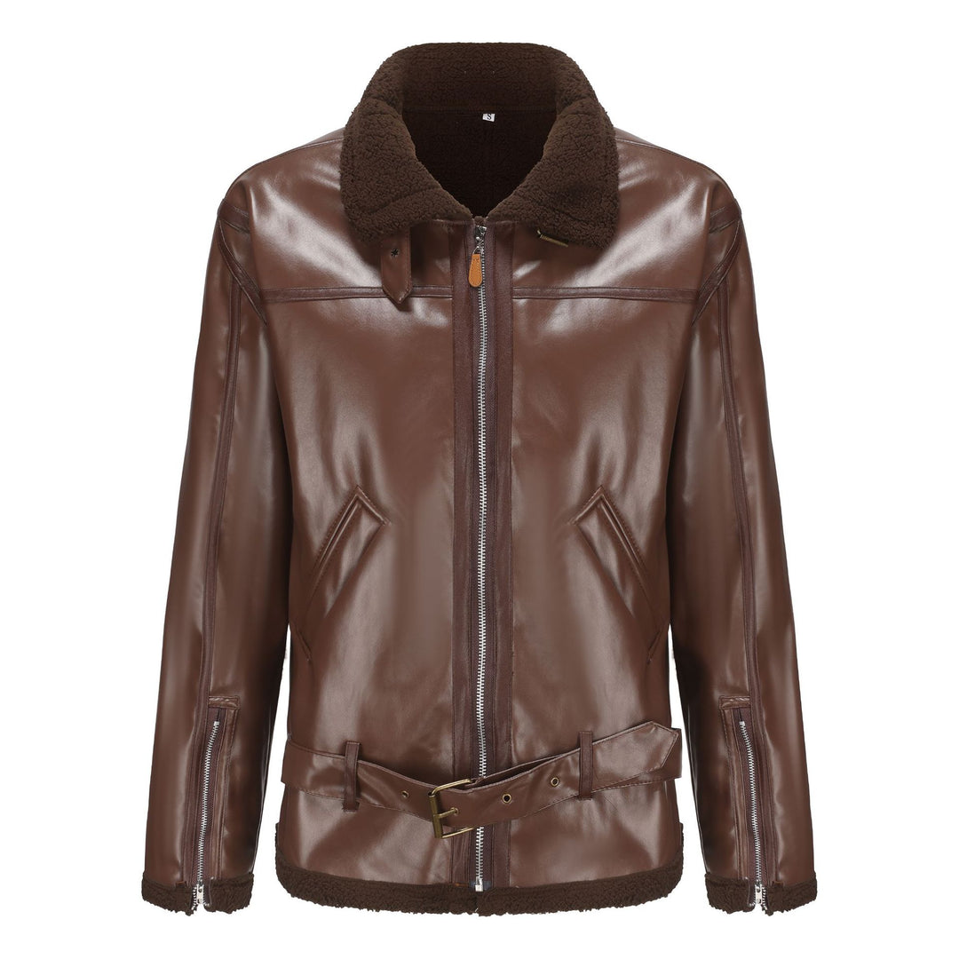 Men's faux leather aviator jacket with teddy lining, zip pockets, and waist belt Mune Fashion