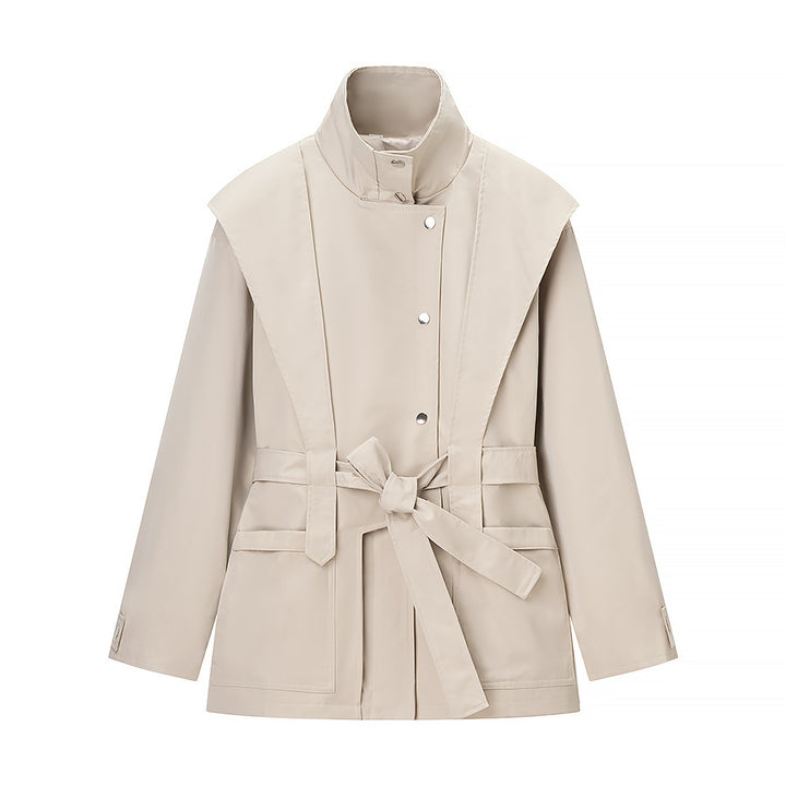 Women's Tailored Transition Jacket with Stand Collar, Shoulder Cape and Belt Mune Fashion