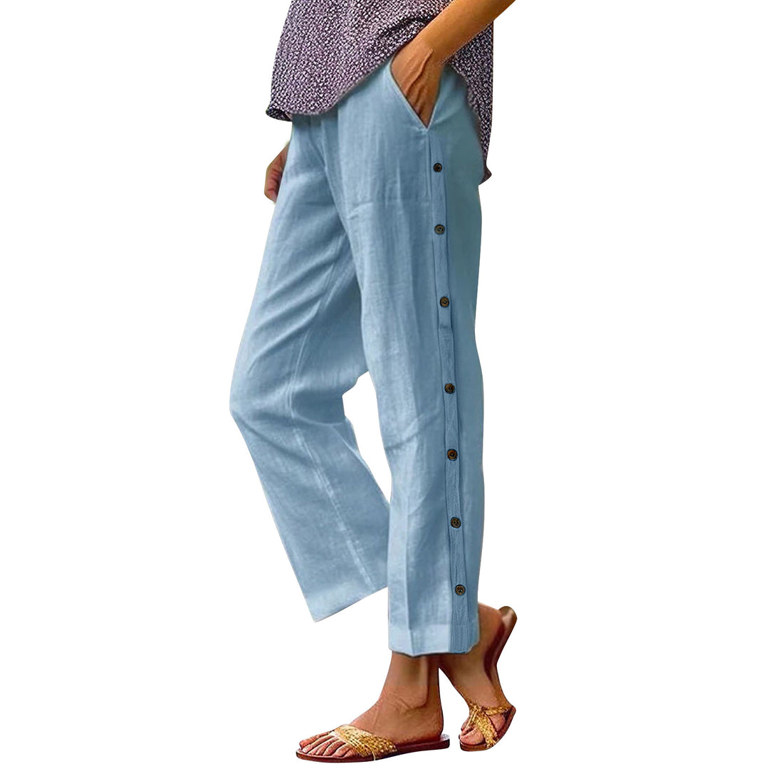Women's Cropped Wide-Leg Button-Trim Linen-Blend Casual Pants Mune Fashion