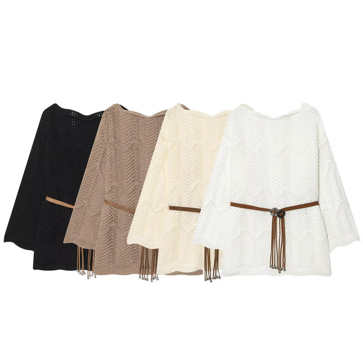 Women's Knit Poncho-Cape with Openwork Pattern and Leather Tassel Belt Mune Fashion