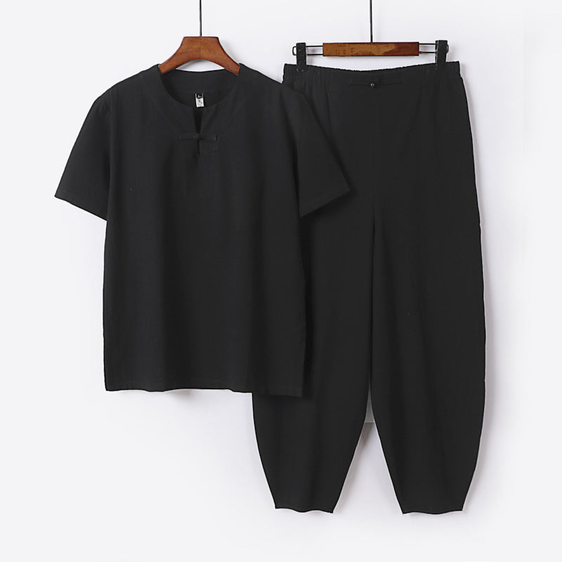 Men's Two-Piece Set with Short Sleeve Stand Collar Shirt and Elastic Harem Pants Mune Fashion