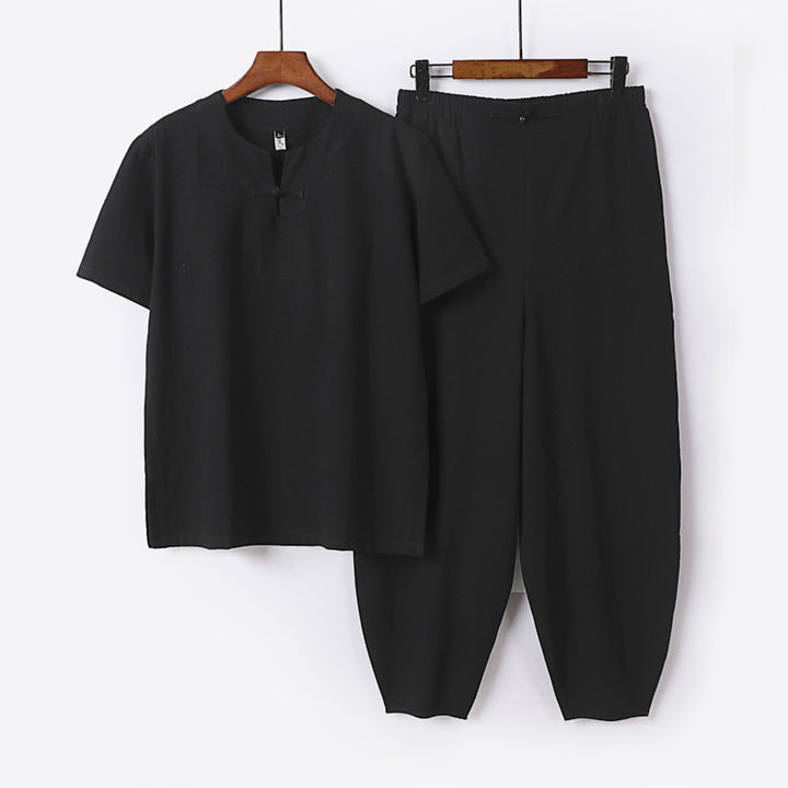 Men's Two-Piece Set with Short Sleeve Stand Collar Shirt and Elastic Harem Pants Mune Fashion