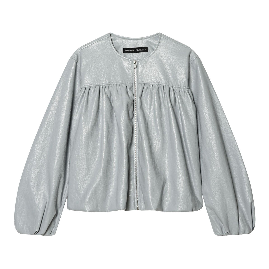 Women nan short shiny oversized bomber jacket with gathered chest yoke and voluminous balloon sleeves Mune Fashion