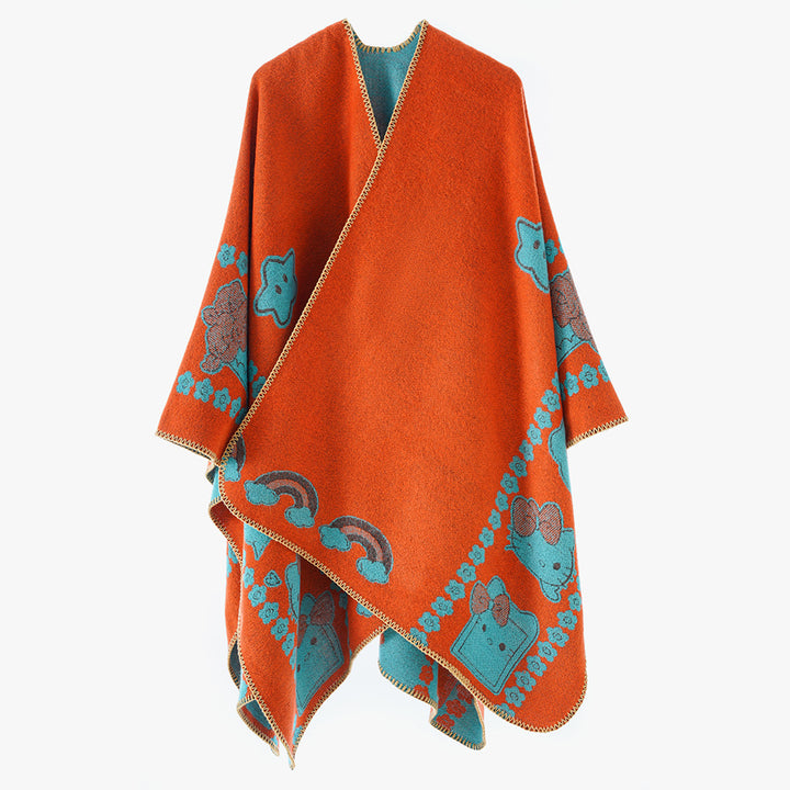 Women's Oversize Poncho with Jacquard Animal Pattern and Asymmetrical Pointed Hem Mune Fashion