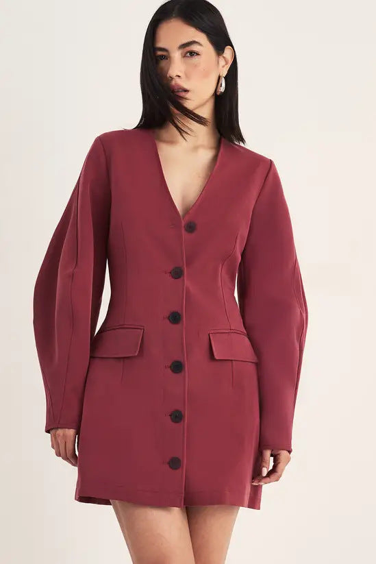 Women Tailored Blazer Mini Dress with Balloon Sleeves and Flap Pockets Drune