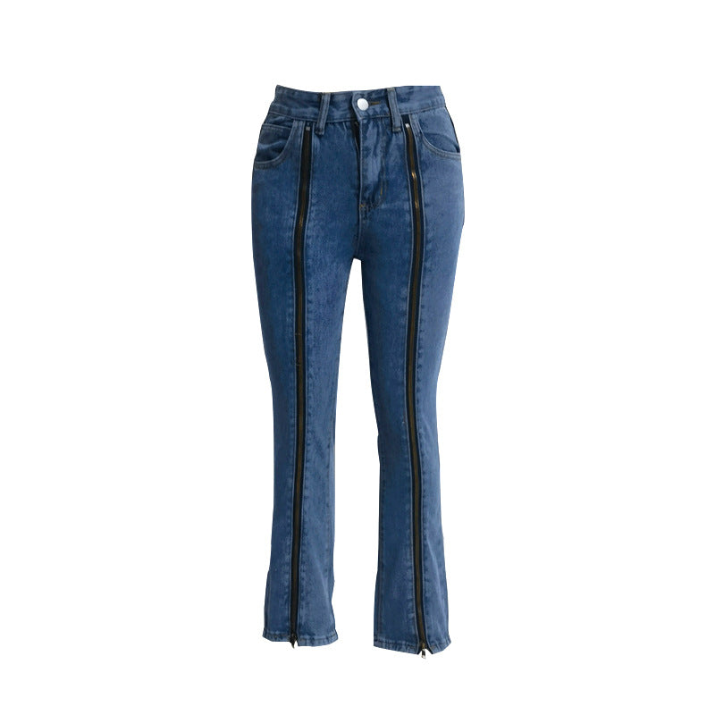 Ladies nan jeans pants with continuous front zippers, high front leg opening and flared bell bottom Mune Fashion
