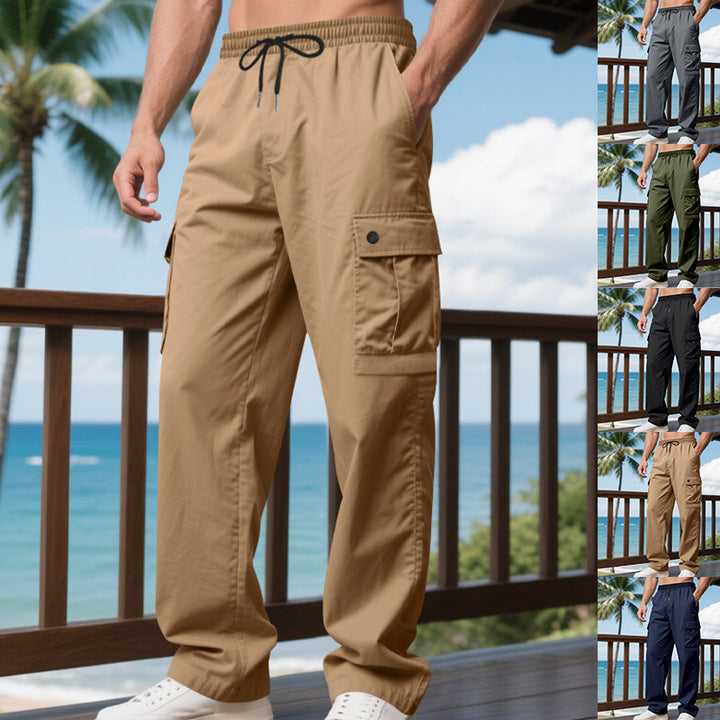 Men's lightweight cargo leisure pants with elastic drawstring waistband, straight leg, and functional flap pockets Mune Fashion