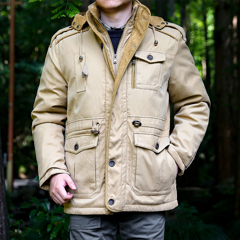 Men's quilted field parka with hood, shoulder flaps and multifunctional pockets