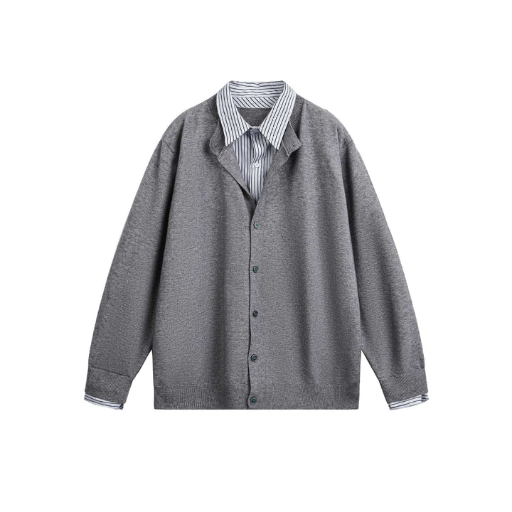 Unisex Layered Look Knit Cardigan with Integrated Shirt Collar and Button Placket Mune Fashion