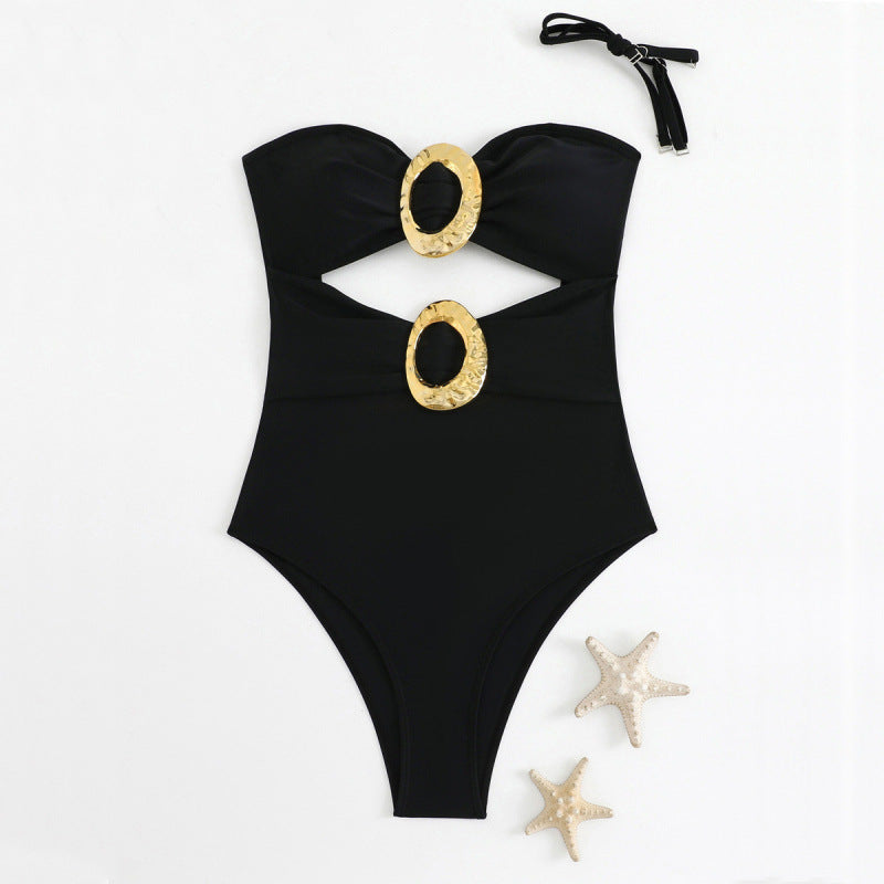 Women's One-Piece Swimsuit with Modern Cut-Outs and Golden Accents Mune Fashion