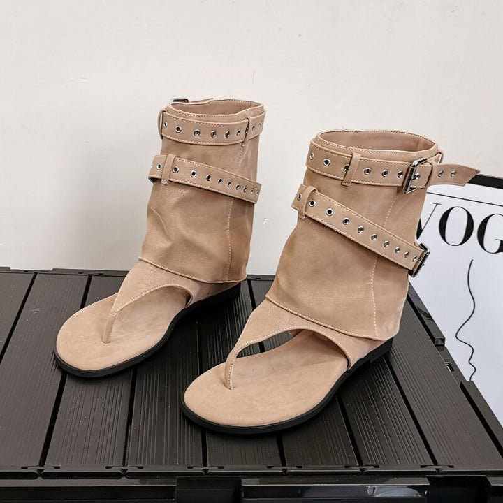 Women's ankle-high toe-post sandals in biker look with double belt and eyelet trim Mune Fashion