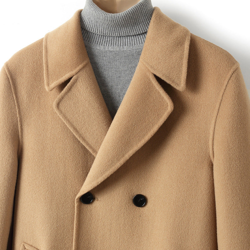 Men's Double-Breasted Wool Coat in Short Cut with Notched Lapel Mune Fashion